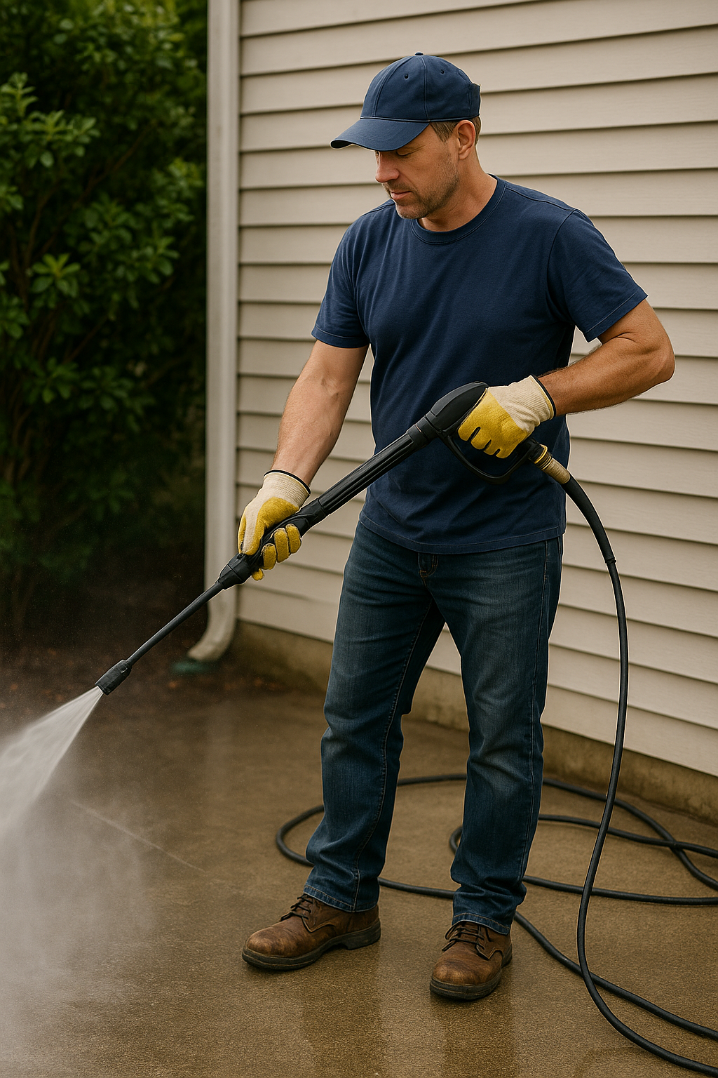 A person in gray overalls using a pressure washer on a stone patio, with lounge chairs and neatly trimmed hedges in the background.